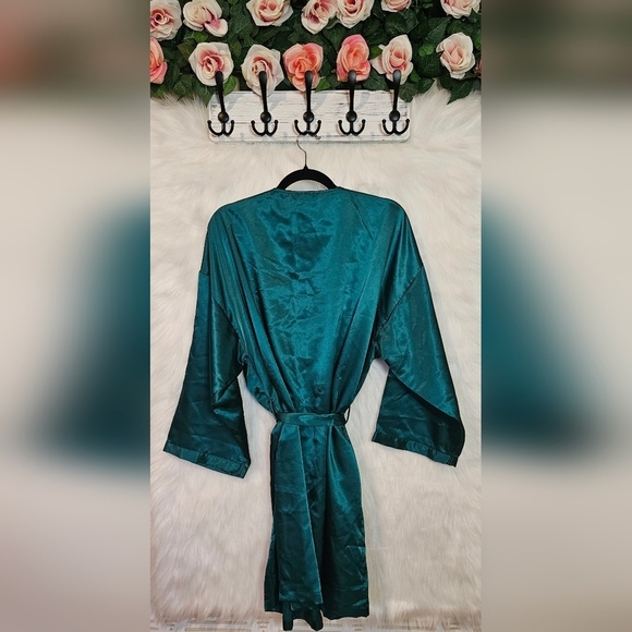 La Senza Classic Teal Satin Mini Robe w/Tie Belt - Picture 3 of 8